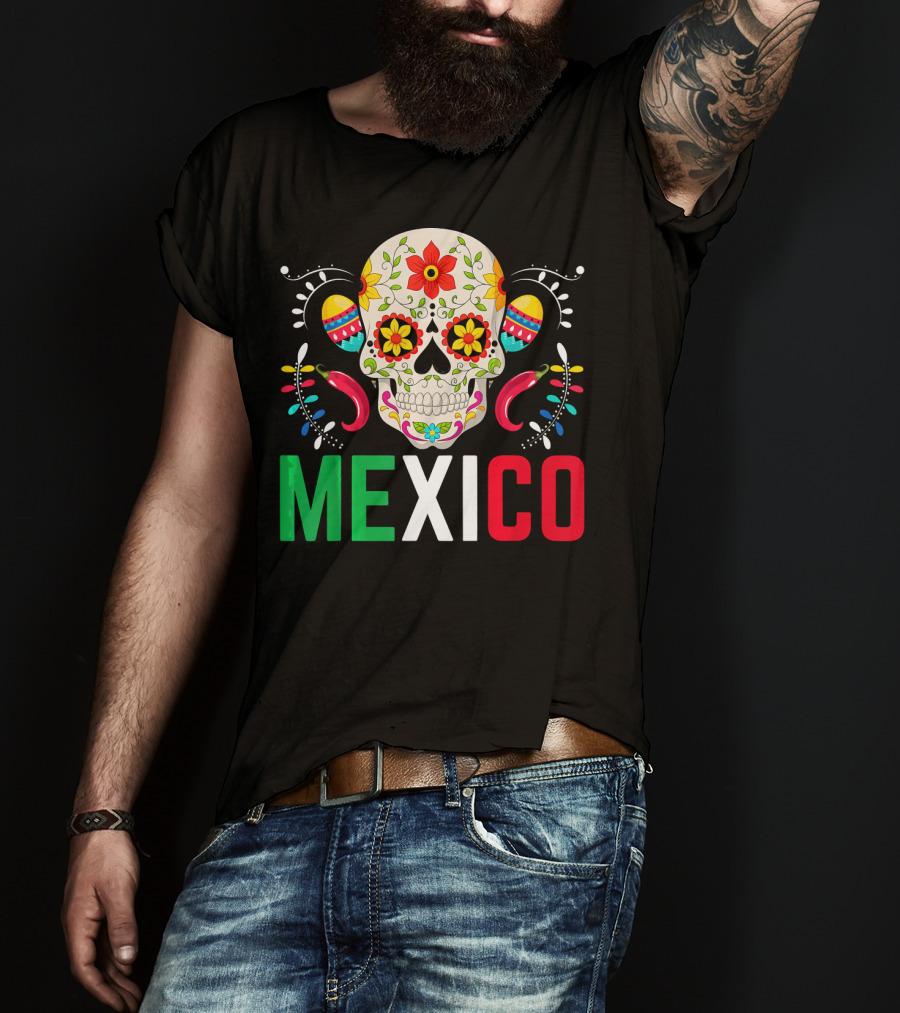 Colorful Cinco De Mayo Mexico Sugar Skull Design With Decorative Elements T-Shirt