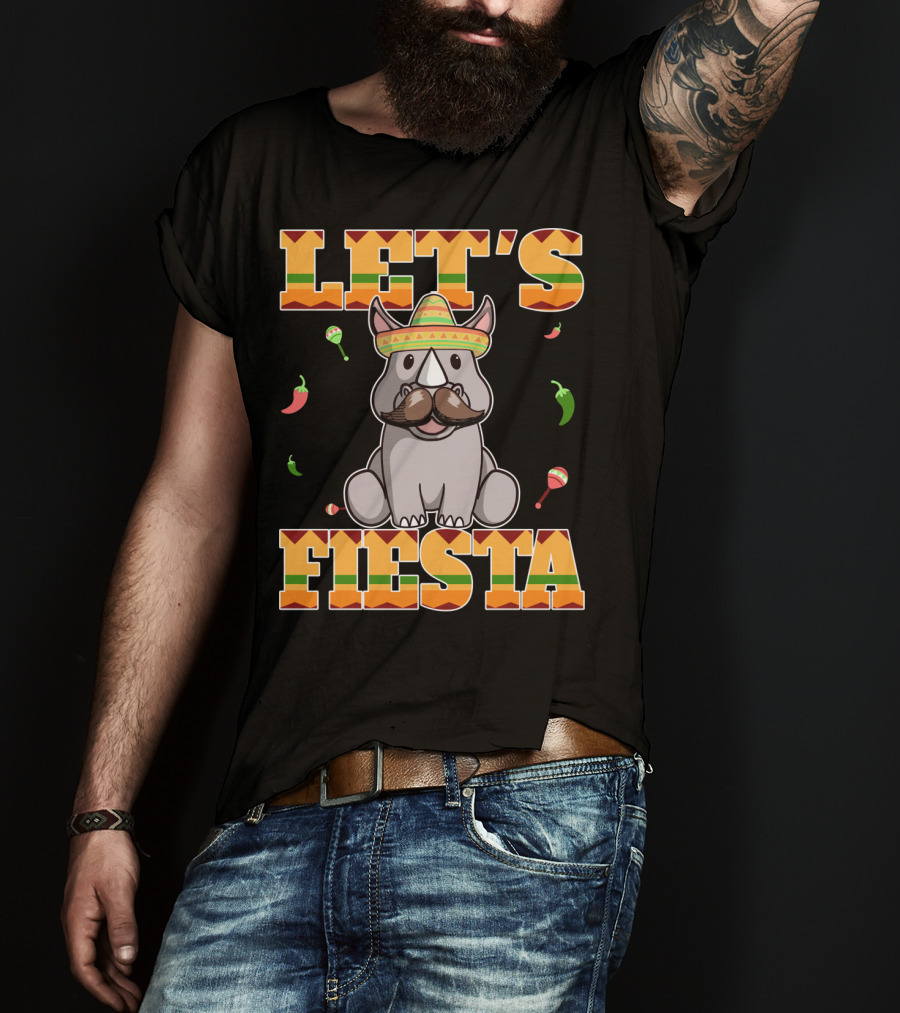 Let's Fiesta Rhinoceros Cinco De Mayo Mex Sombrero Peppers Maracas T-Shirt