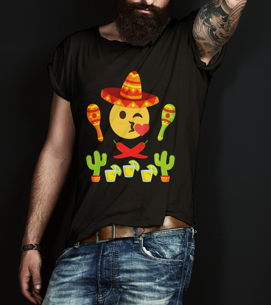 Kiss Emoji Cinco De Mayo Sombrero Maracas Cactus Peppers Margaritas T-Shirt
