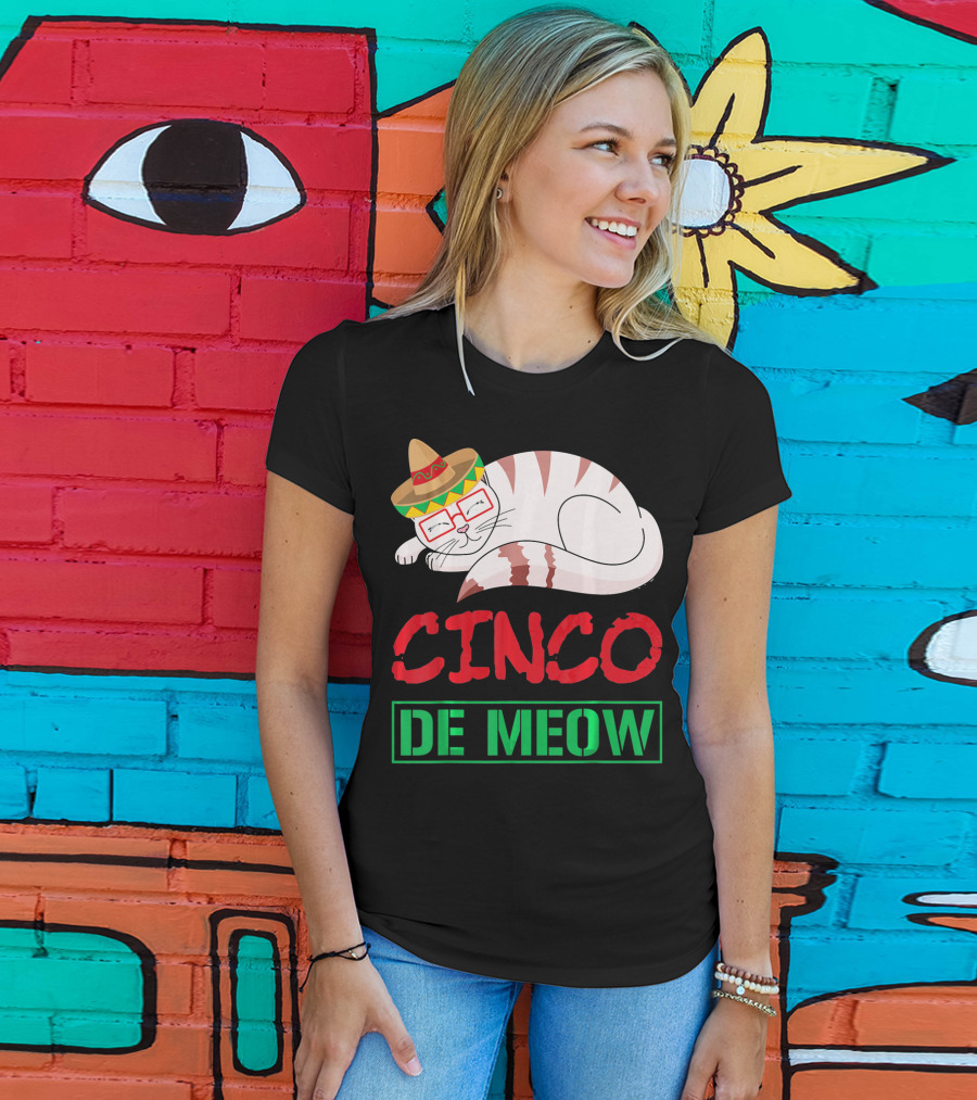 Cinco De Meow Funny Kitty With Sombrero Celebrating Mexican Holiday T-Shirt