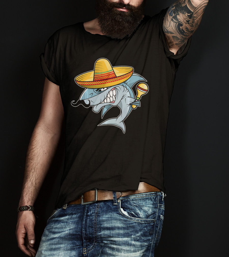 Cinco De Mayo Shark Wearing Sombrero With Maraca Mexican Fiesta T-Shirt