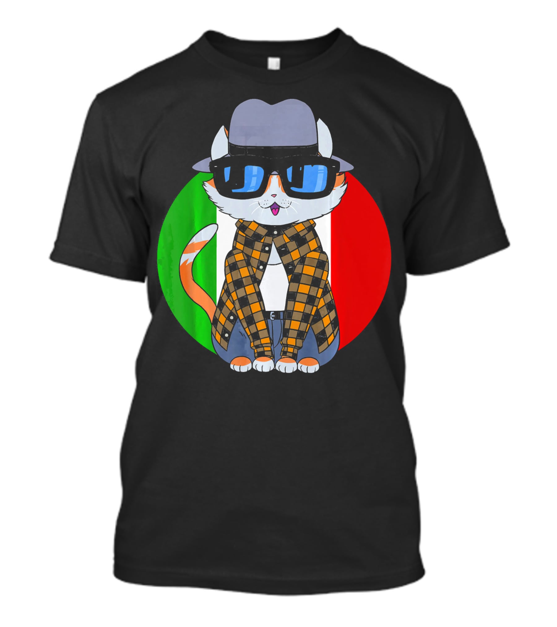 Cinco De Mayo Mexican Kitty Cat With Sunglasses And Plaid Shirt In Front Of Tricolor Circle T-Shirt