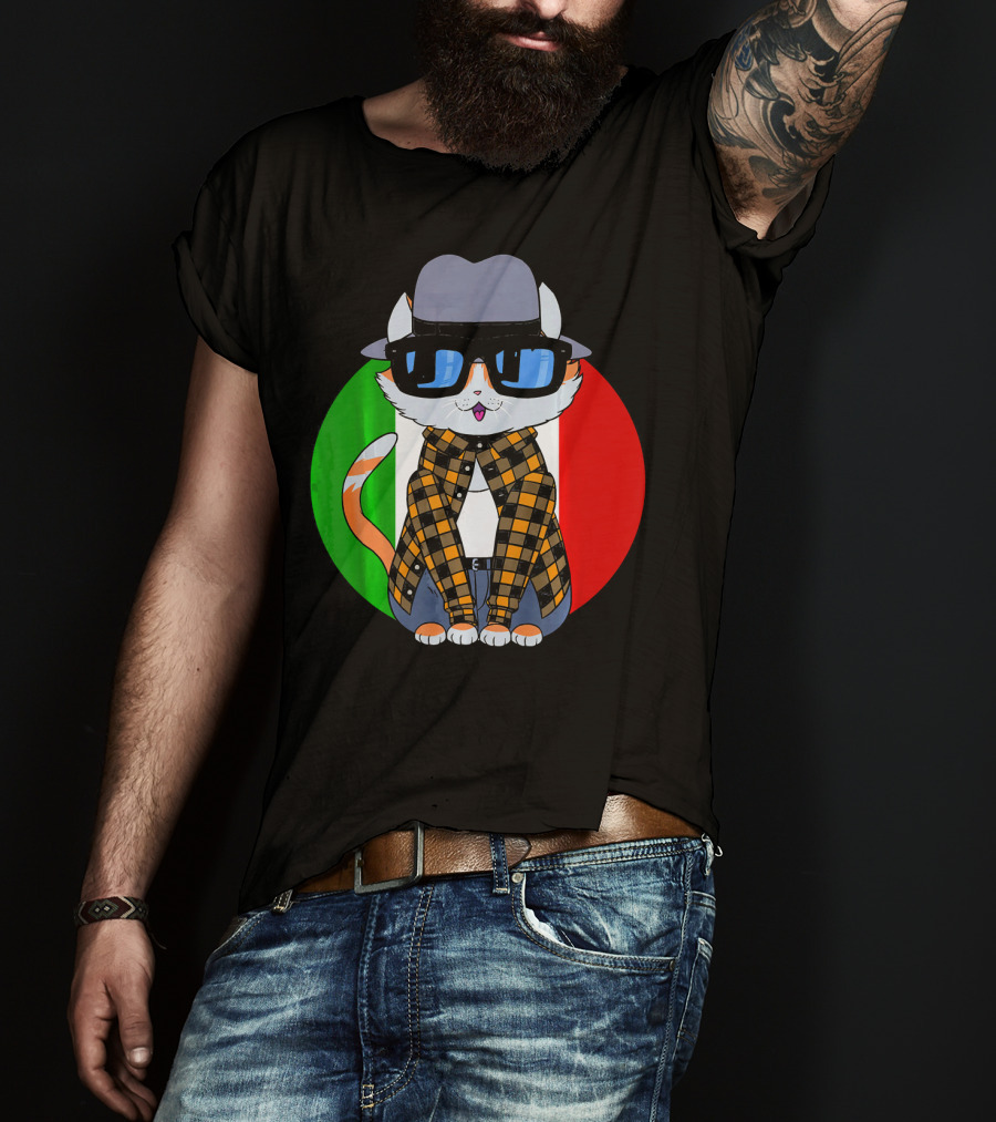Cinco De Mayo Mexican Kitty Cat With Sunglasses And Plaid Shirt In Front Of Tricolor Circle T-Shirt