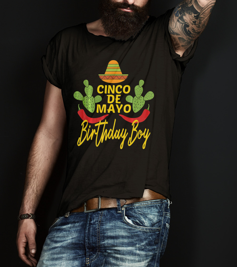 Cinco De Mayo Birthday Boy Sombrero Cactus Peppers T-Shirt