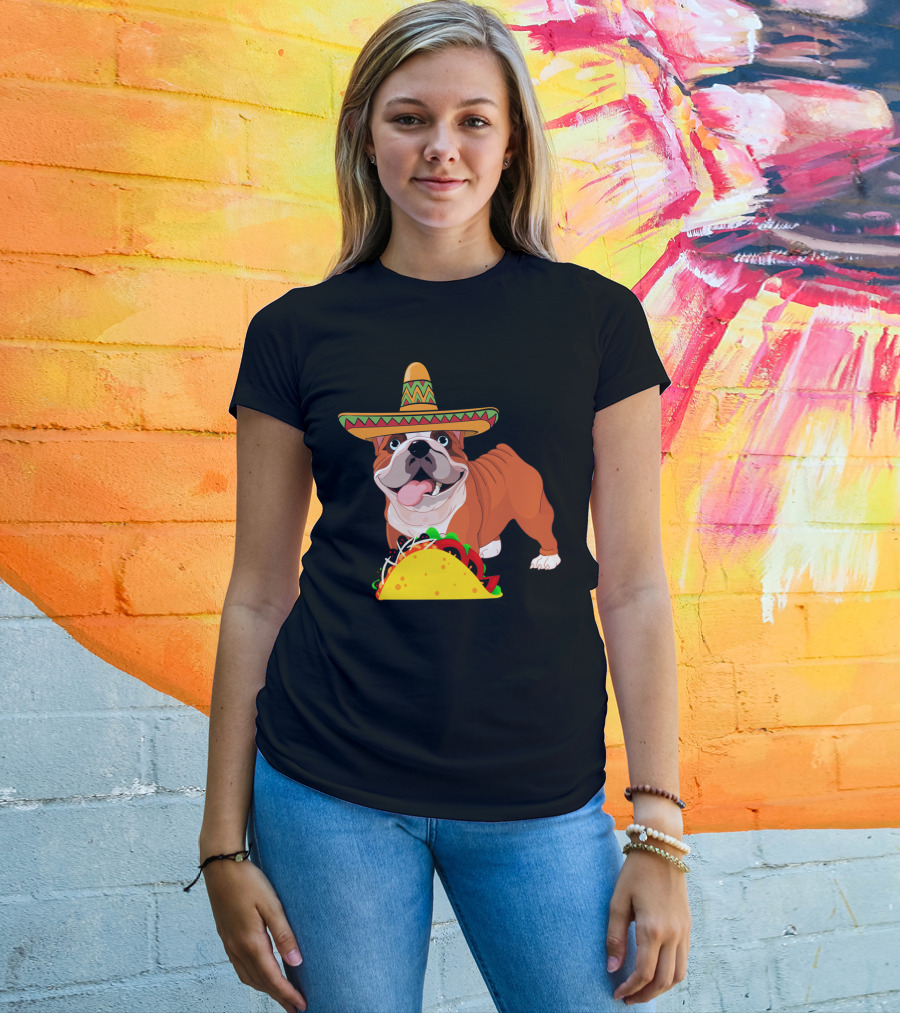 Funny Cinco De Mayo Bulldog Wear Sombrero Taco Fiesta T-Shirt