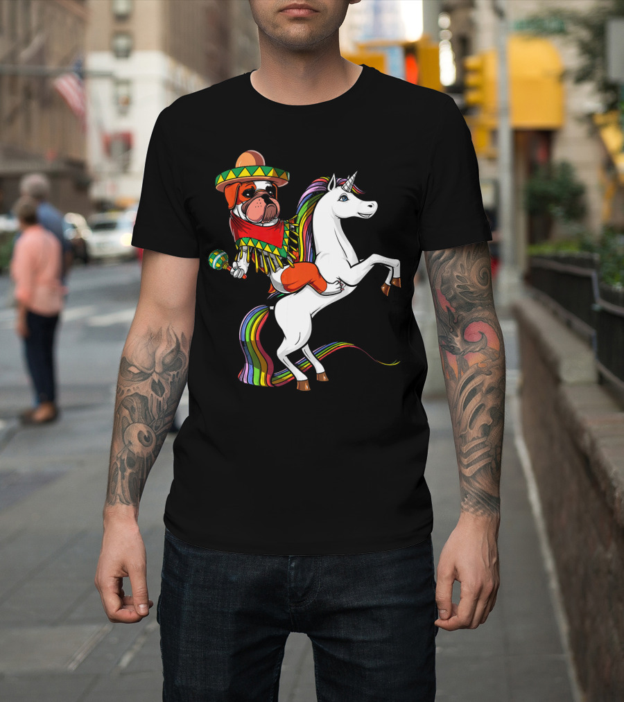 English Bulldog Riding Unicorn Cinco de Mayo Fiesta Hat and Maracas T-Shirt