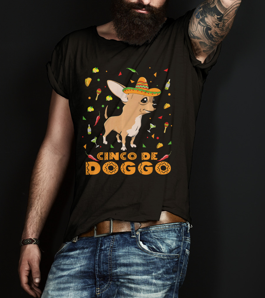 Cinco De Doggo Chihuahua Sombrero Mexican Fiesta Peppers Tequila T-Shirt