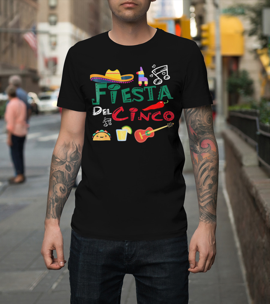 Fiesta Del Cinco Sombrero Piñata Taco Guitar Jalapeño Music Notes T-Shirt