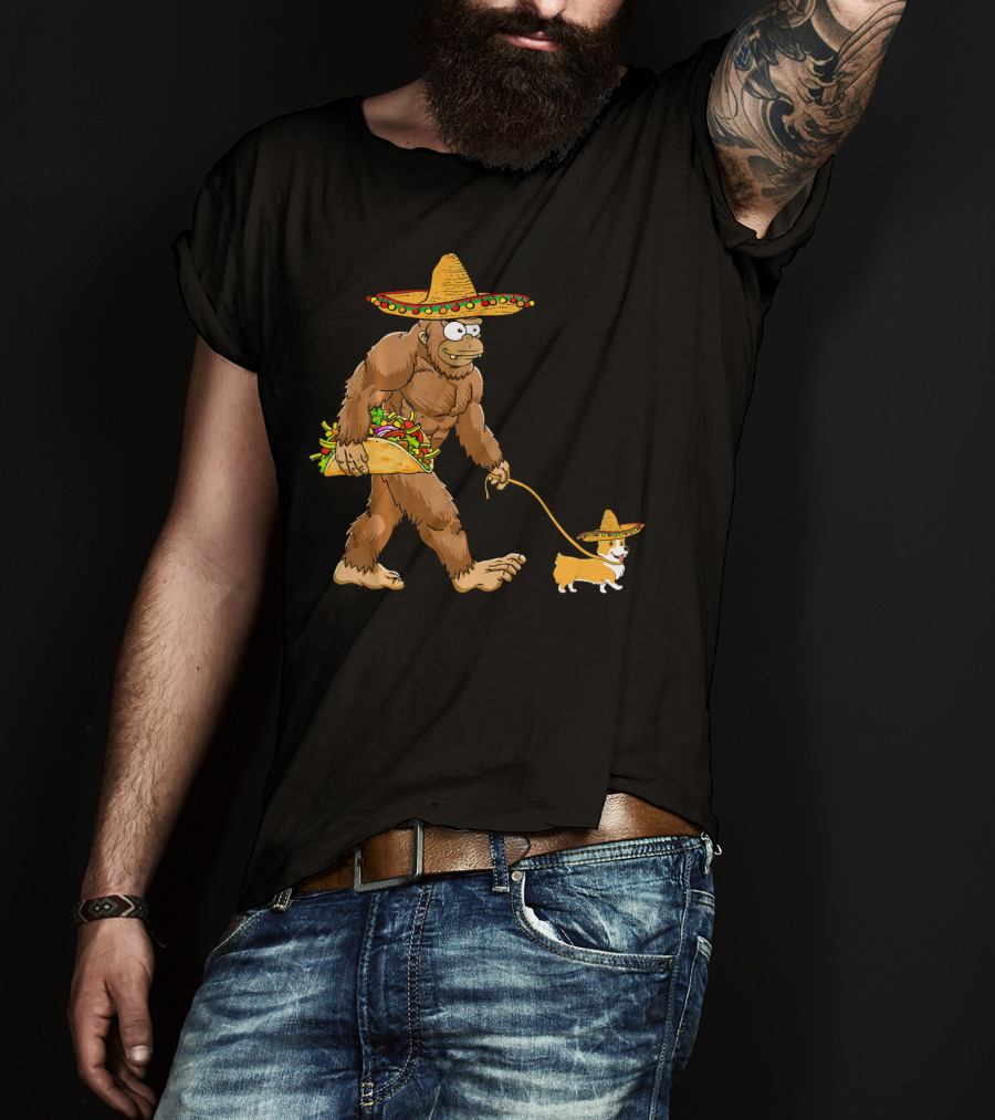 Bigfoot Sombrero Taco Corgi Dog Cinco De Mayo T-Shirt