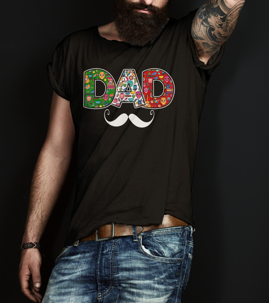 Mens Mexico Skull Maracas Sombrero Dad Mustache Colorful Icons T-Shirt