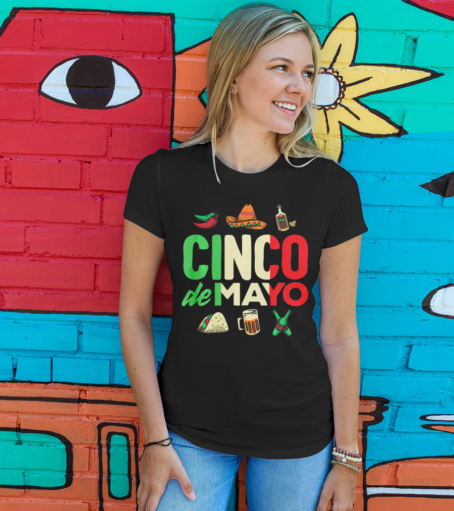 Cinco De Mayo Fiesta Sombrero Taco Beer Bottle Peppers T-Shirt