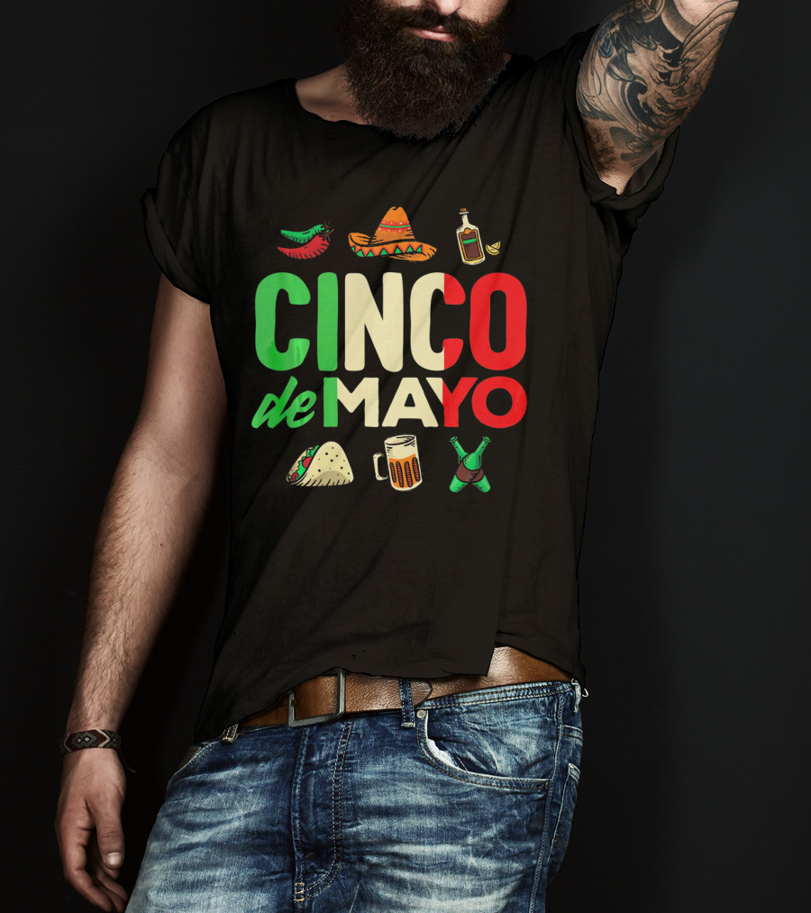 Cinco De Mayo Fiesta Sombrero Taco Beer Bottle Peppers T-Shirt