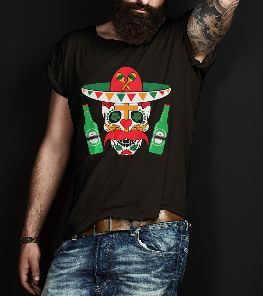 Cinco De Mayo Sugar Skull With Sombrero Maracas And Beer Bottles Mexi T-Shirt