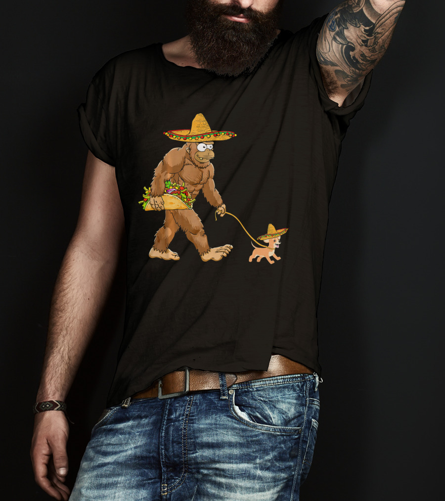 Bigfoot Taco Sombrero Chihuahua Dog Walking Cinco De Mayo T-Shirt