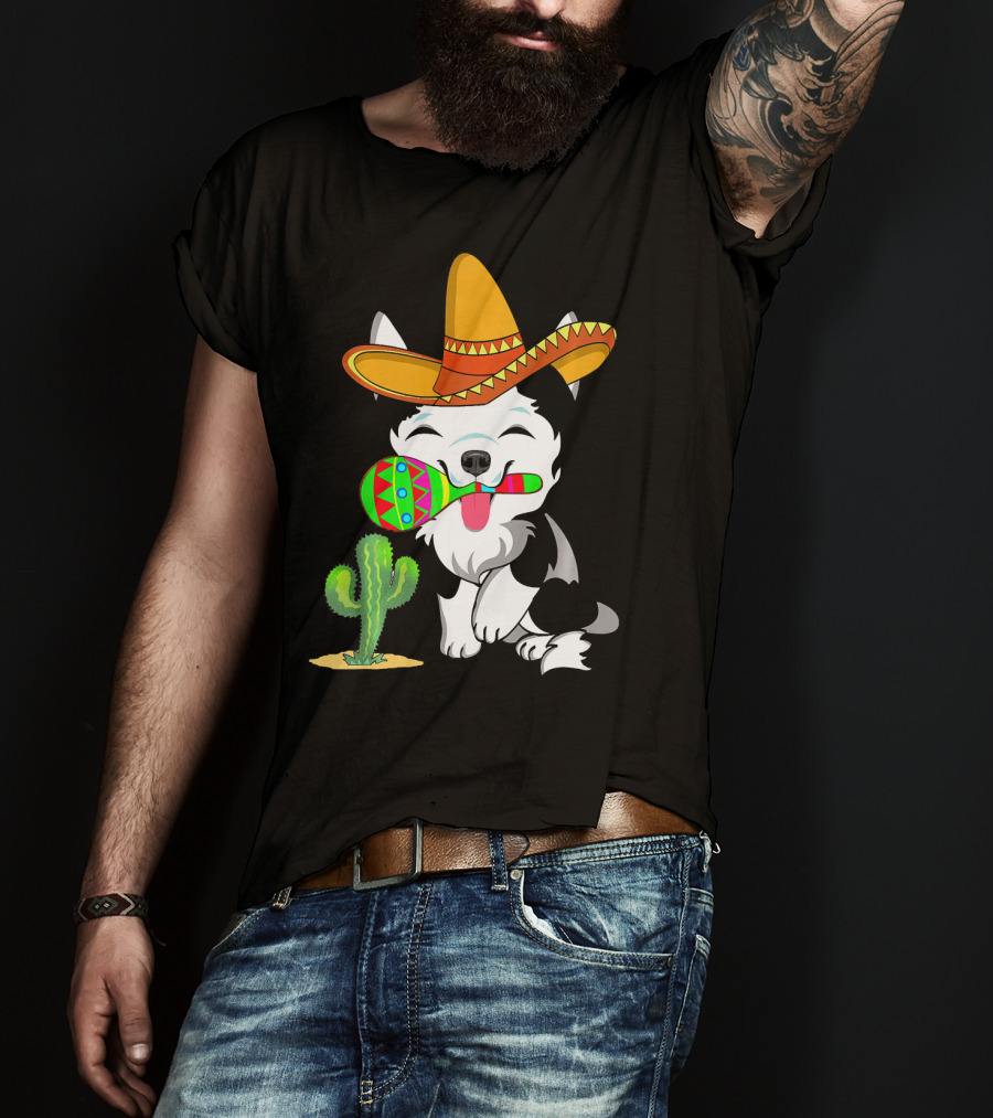 Cute Husky Dog With Sombrero And Maracas Cinco De Mayo 5th Of May T-Shirt