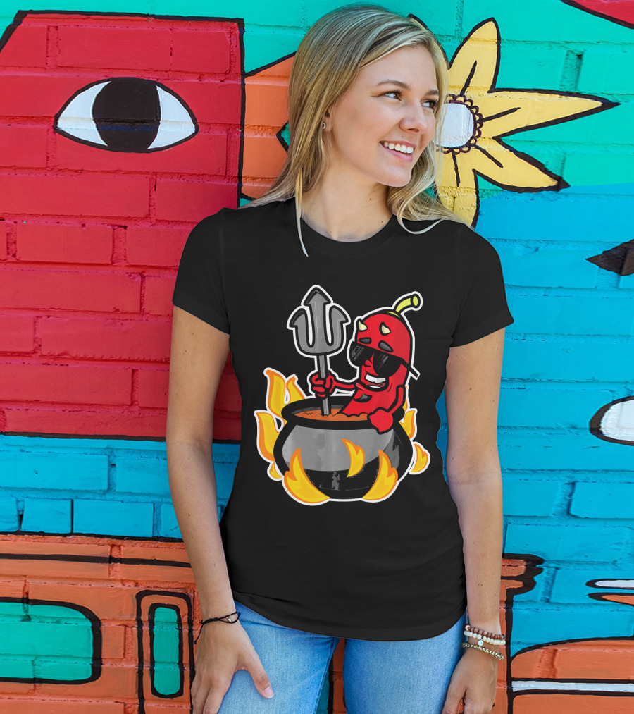Funny Chili Pepper Devil In Fiery Pot Cinco De Mayo T-Shirt