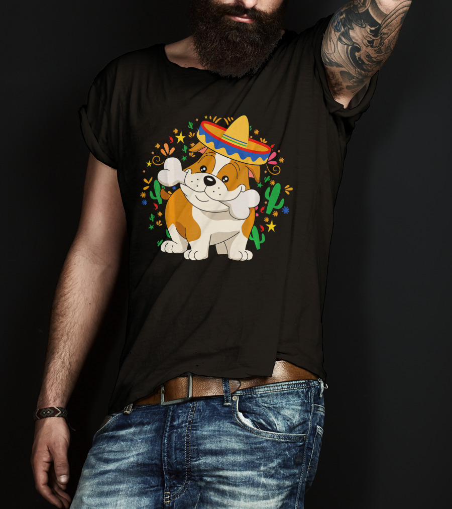 Bulldog Puppy In Sombrero With Bone And Cactus Cinco De Mayo T-Shirt