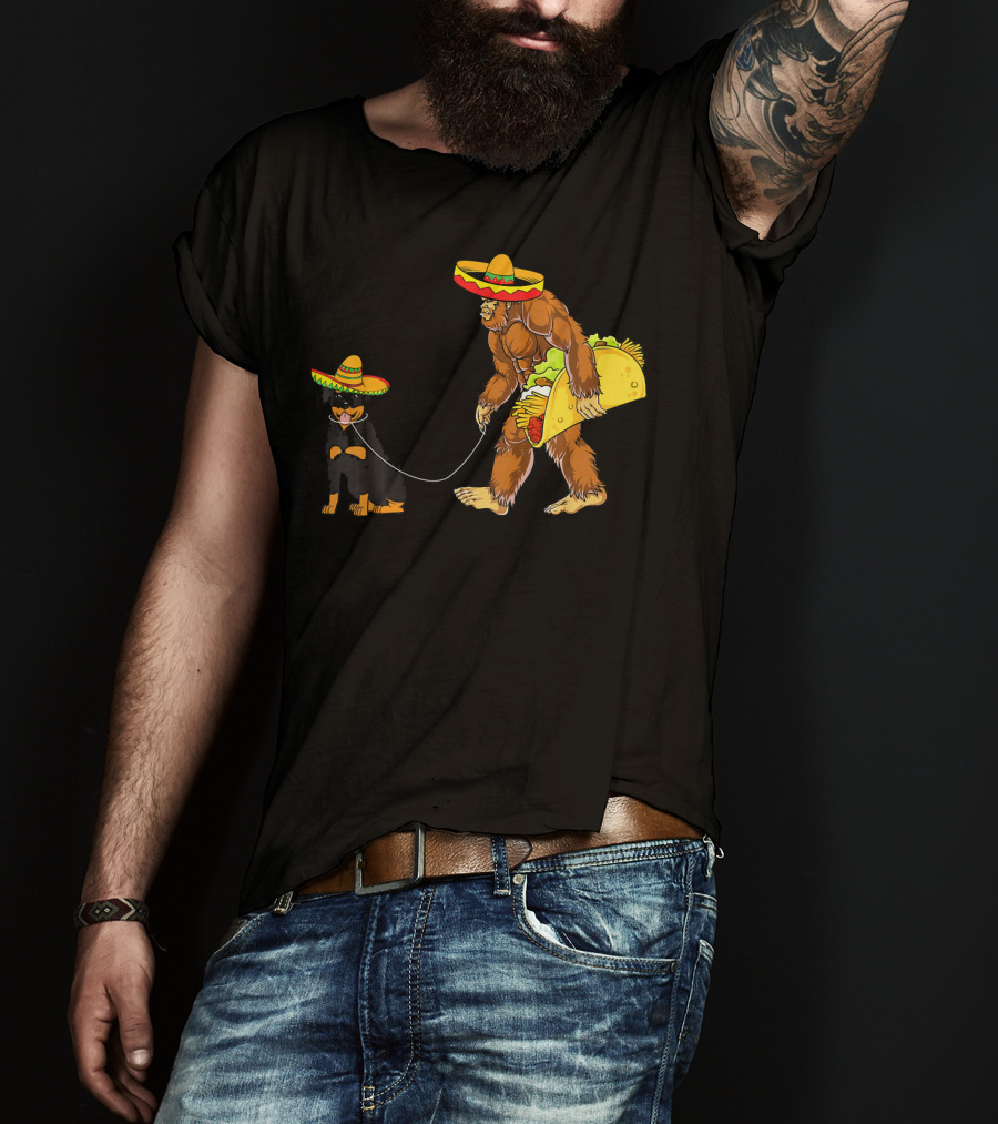 Cinco De Mayo Bigfoot Walking Rottweiler Taco Sombrero T-Shirt