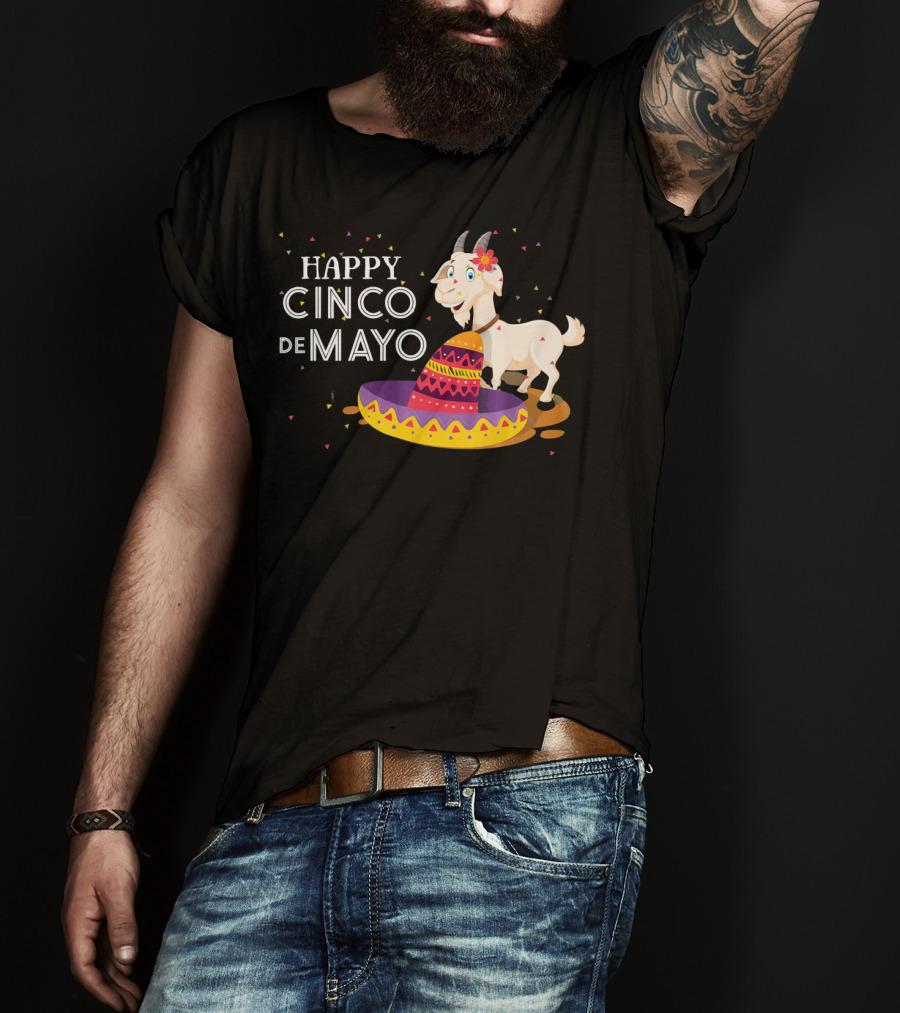 Happy Cinco De Mayo Funny Goat With Sombrero And Colorful Confetti T-Shirt