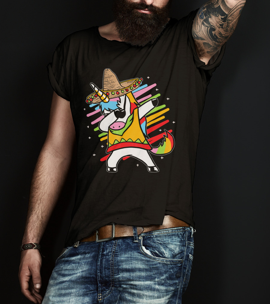 Dabbing Unicorn Cinco De Mayo Sombrero Rainbow Mexican Colors T-Shirt