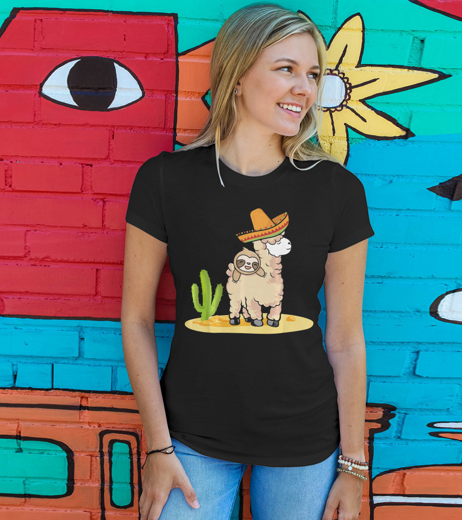 Cinco De Mayo Mexican Llama Sloth Riding Sombrero Cactus Desert Scene T-Shirt