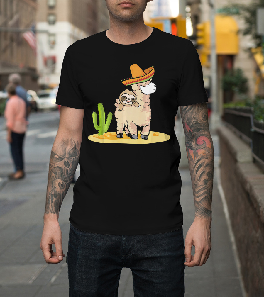 Cinco De Mayo Mexican Llama Sloth Riding Sombrero Cactus Desert Scene T-Shirt