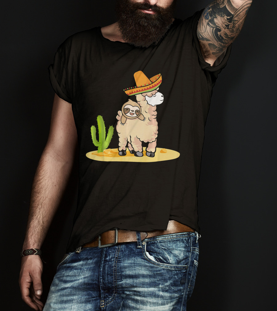 Cinco De Mayo Mexican Llama Sloth Riding Sombrero Cactus Desert Scene T-Shirt