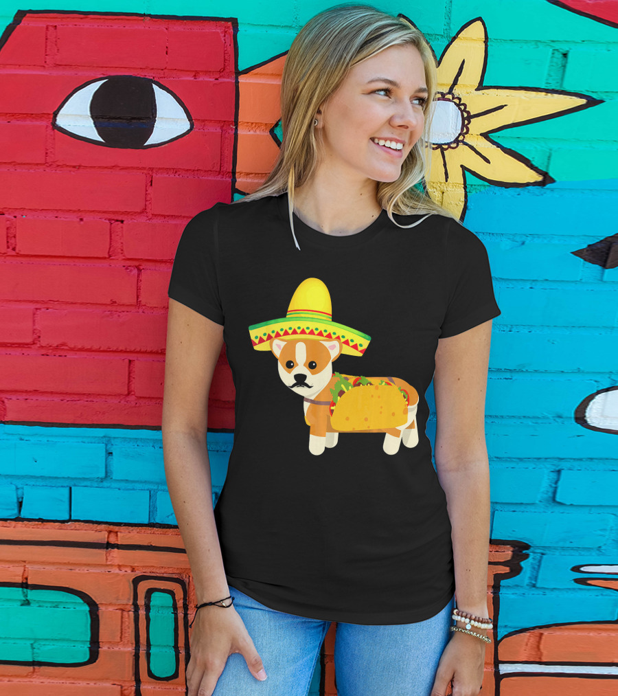 Funny Mexican Corgi In Sombrero Taco Cinco De Mayo T-Shirt