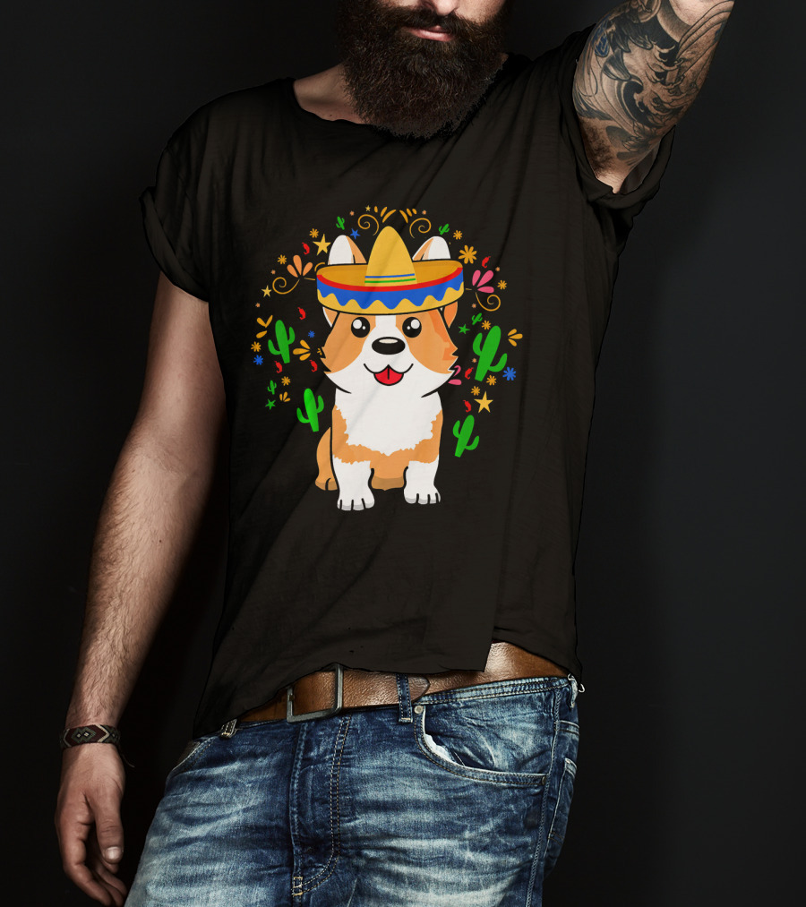 Cinco De Mayo Corgi Dog With Sombrero And Cacti T-Shirt