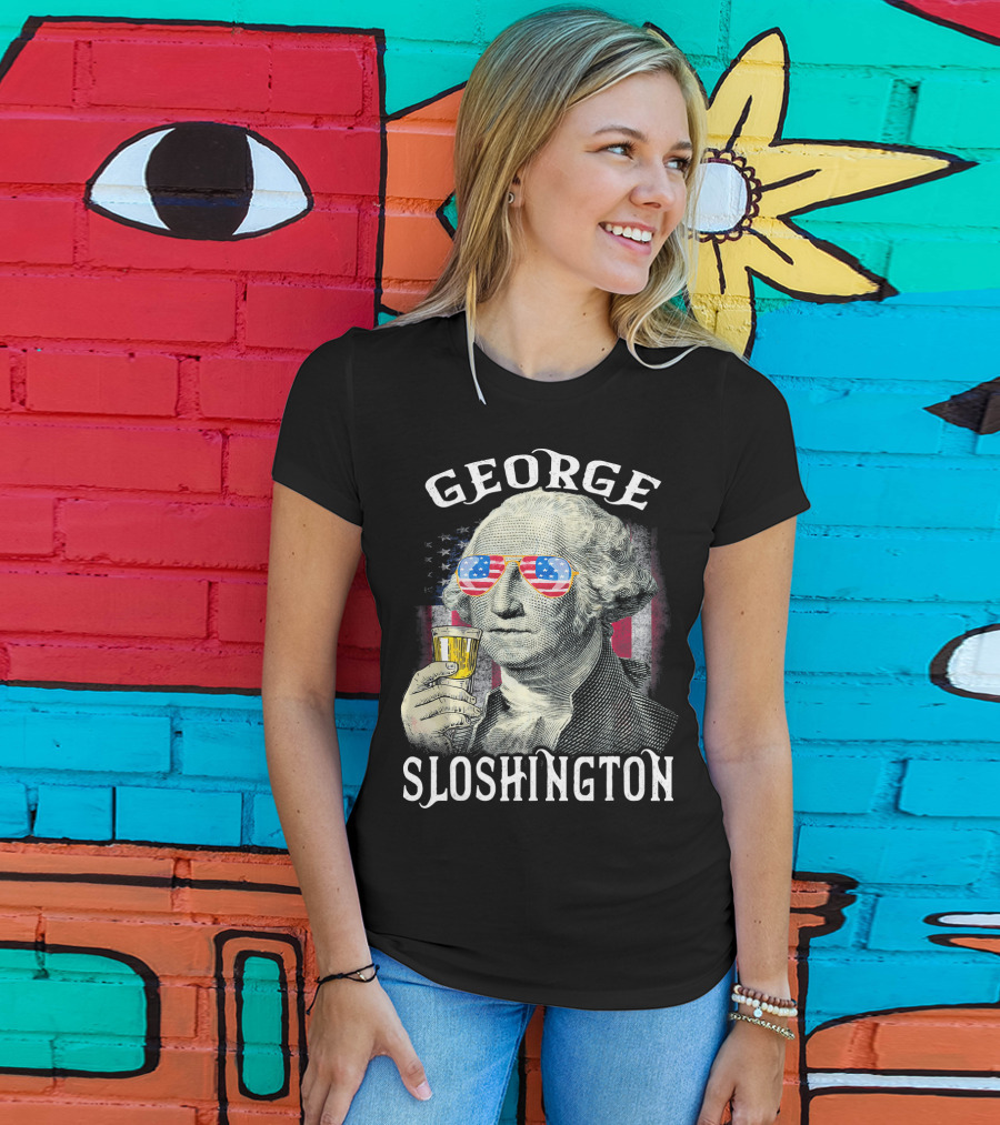 George Sloshington American Flag Sunglasses Beer T-Shirt