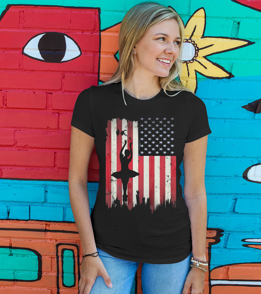 Ballerina Silhouette With American Flag Ballet USA T-Shirt