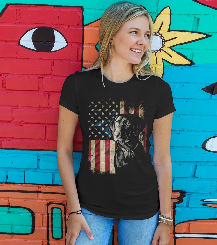 Patriotic Labrador Retriever With American Flag Background T-Shirt