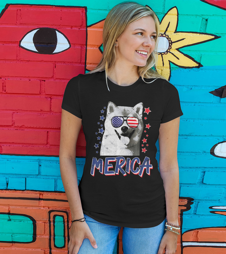 Merica Shiba Inu Dog Patriotic USA Stars And Stripes Sunglasses T-Shirt