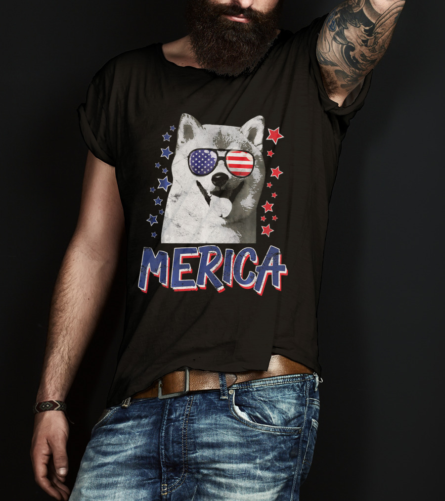Merica Shiba Inu Dog Patriotic USA Stars And Stripes Sunglasses T-Shirt