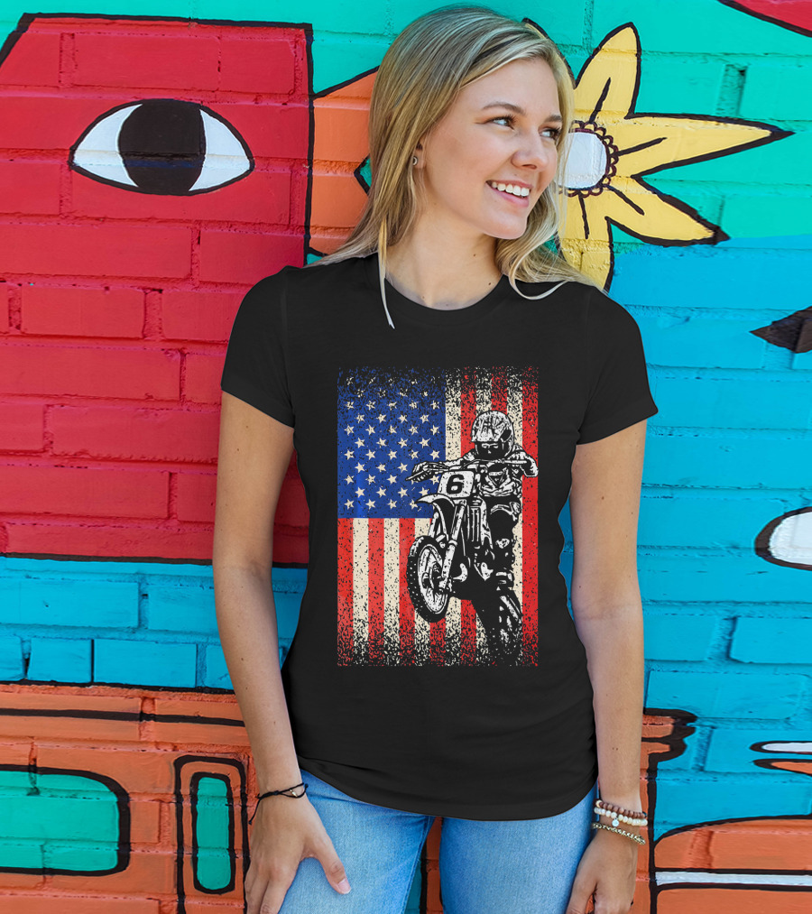 Dirt Bike American Flag Motocross Biker Number 6 T-Shirt