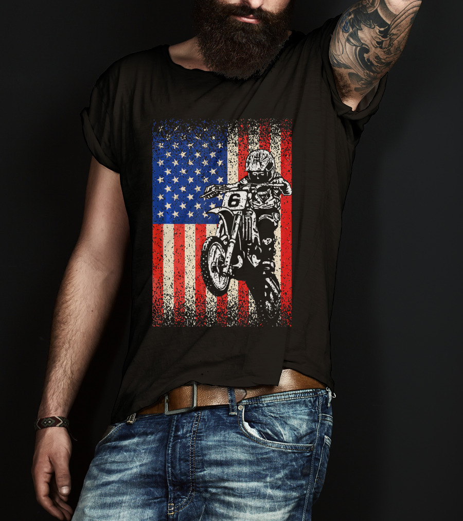 Dirt Bike American Flag Motocross Biker Number 6 T-Shirt