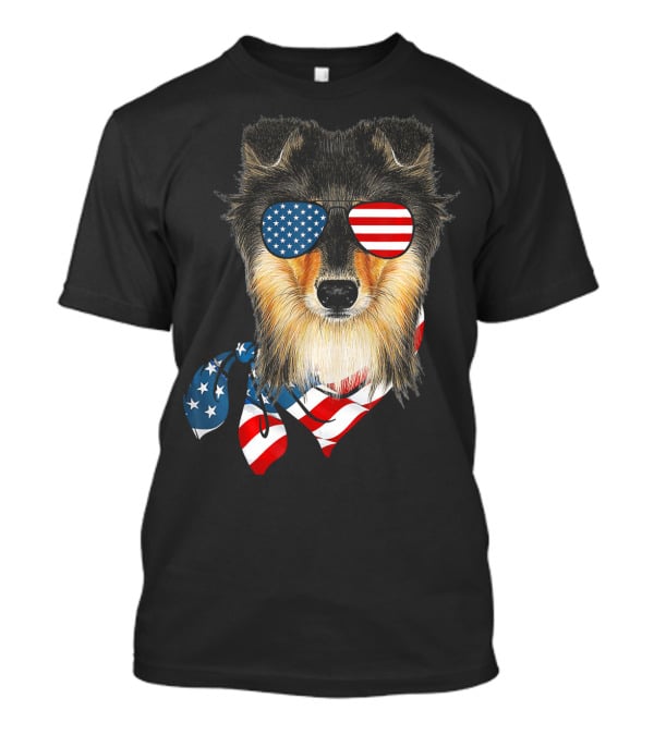 Sheltie Dog With American Flag Sunglasses And Bandana Patriotic T-Shirt