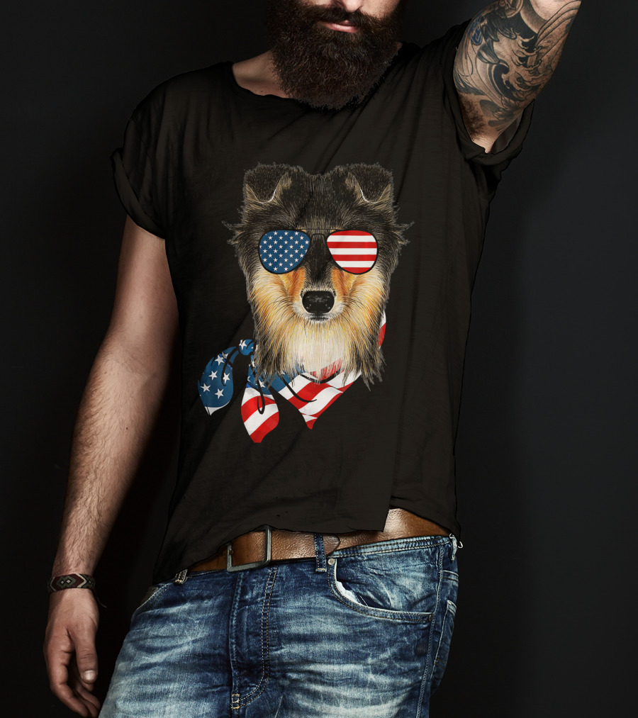 Sheltie Dog With American Flag Sunglasses And Bandana Patriotic T-Shirt