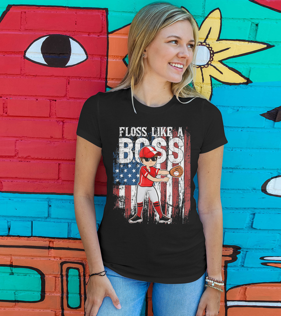 Floss Like A Boss American Baseball Spirit With Flag Background T-Shirt