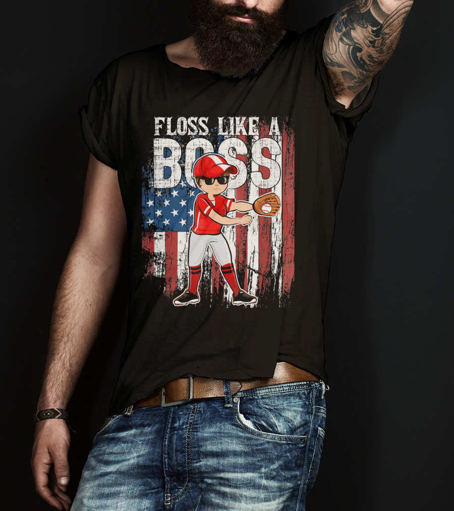 Floss Like A Boss American Baseball Spirit With Flag Background T-Shirt