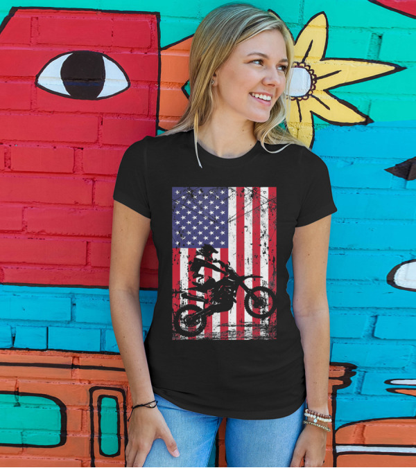 Dirt Bike Rider With American Flag Motif For 4th Of July T-Shirt