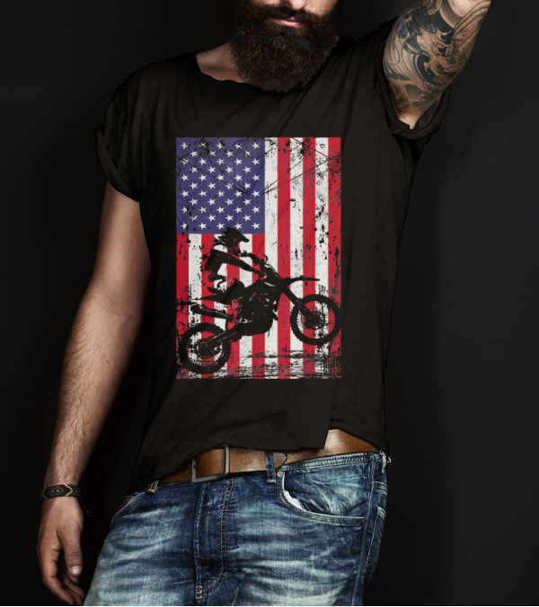 Dirt Bike Rider With American Flag Motif For 4th Of July T-Shirt