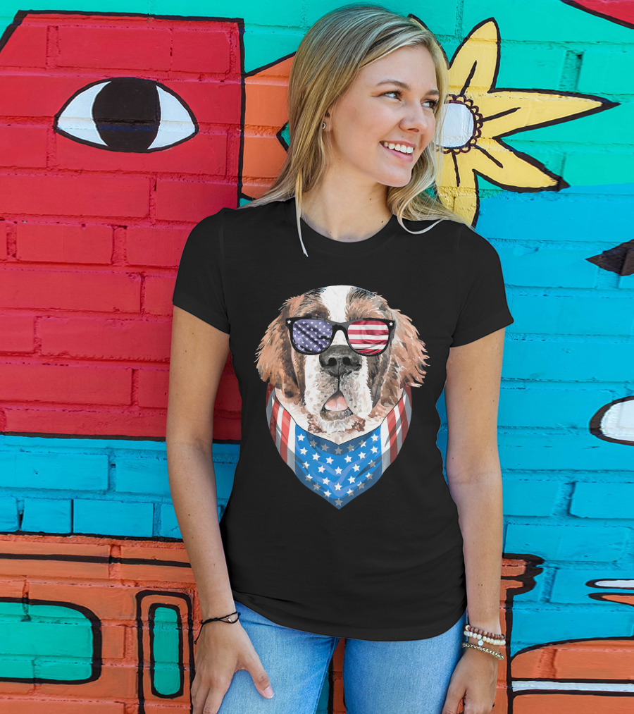 Fourth Of July American Flag Dog Sunglasses Bandana T-Shirt