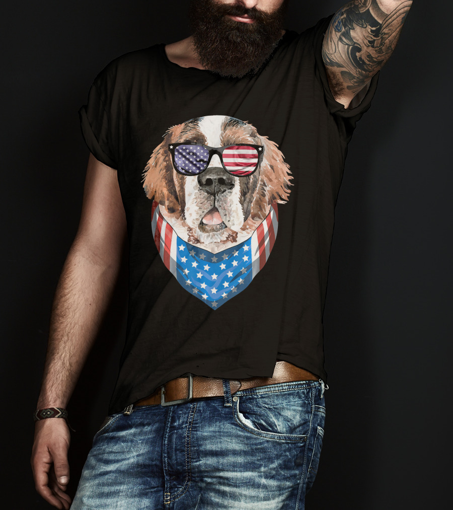 Fourth Of July American Flag Dog Sunglasses Bandana T-Shirt