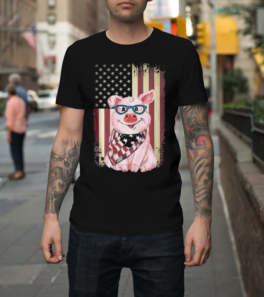 American Flag Pig with Glasses and Bandana T-Shirt