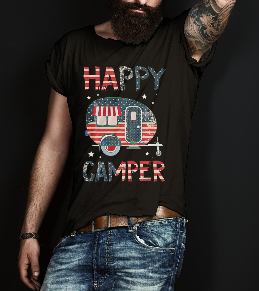 Happy Camper Stars And Stripes American Flag Patriotic T-Shirt
