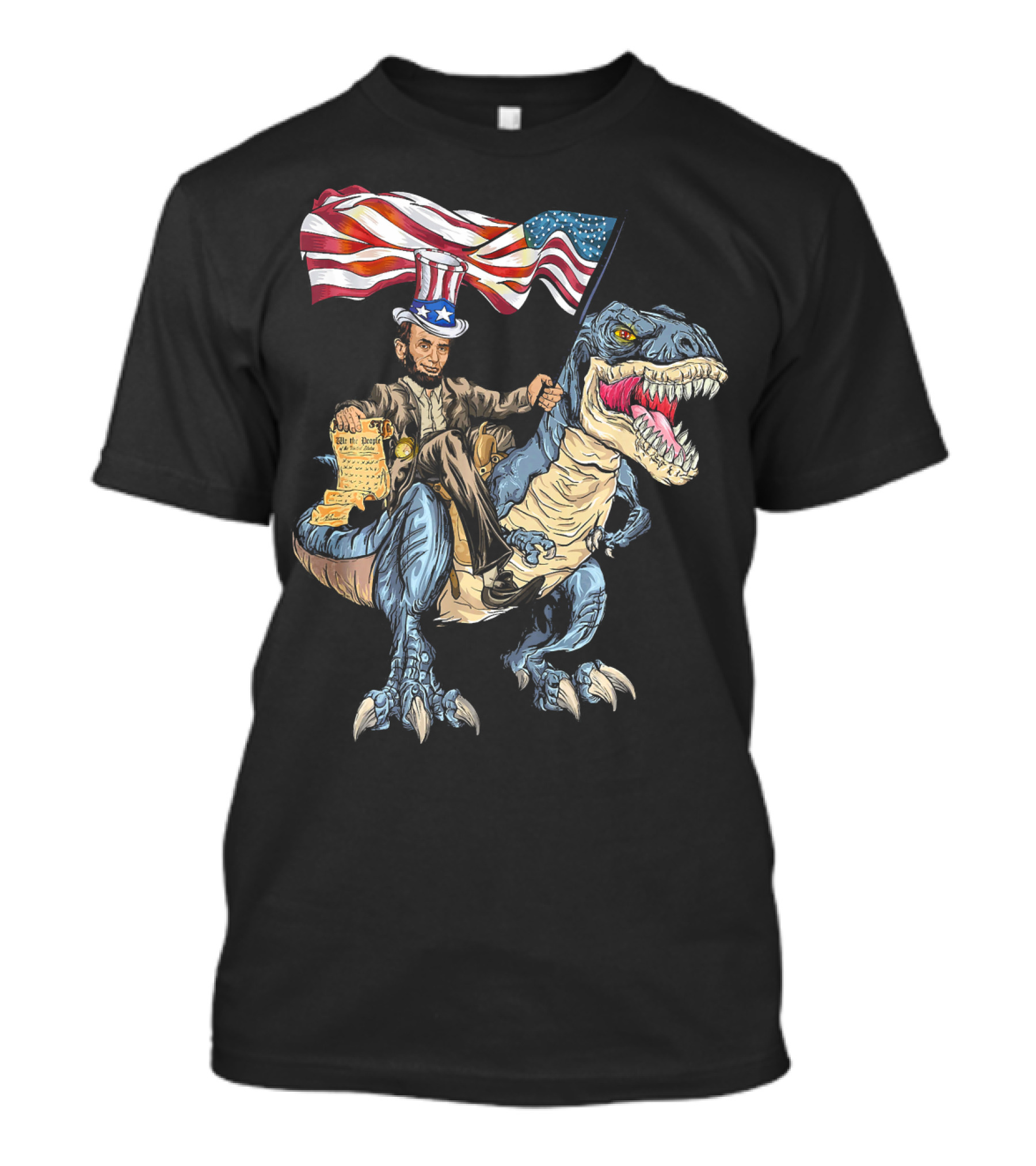 Abe Lincoln Riding Dinosaur With American Flag And Declaration T-Shirt