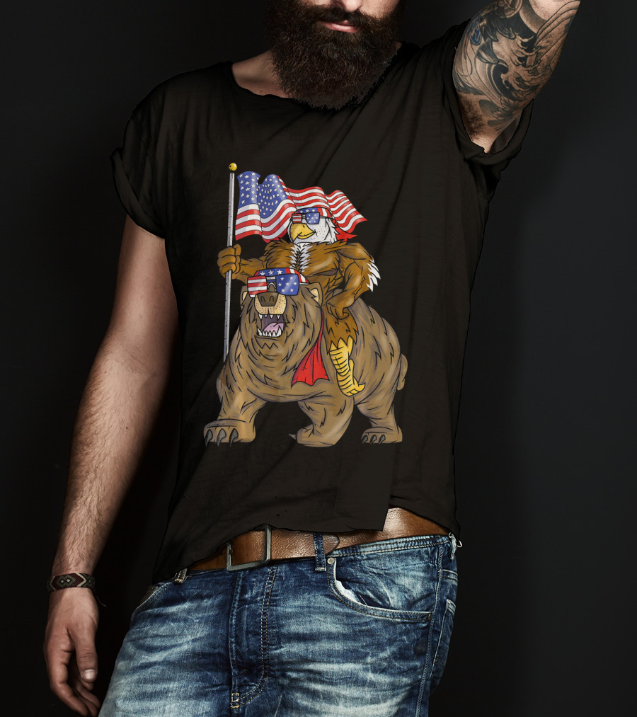 American Flag-Waving Bald Eagle Riding Bear With Sunglasses T-Shirt