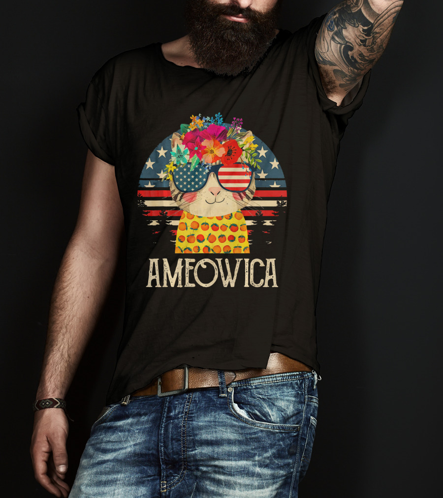 Ameowica Cute Cat With American Flag Glasses And Floral Crown T-Shirt