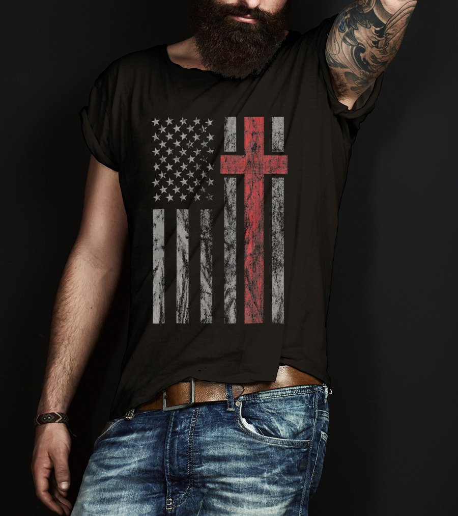 Vintage Distressed USA Flag With Red Christian Cross T-Shirt